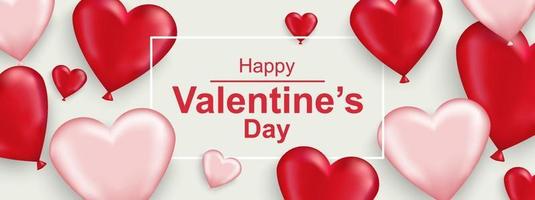 Happy Valentines day horizontal web banner. Realistic red and white heart vector