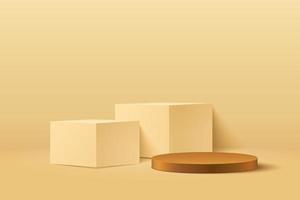 Cubo abstracto y pantalla redonda para producto en sitio web en diseño moderno. Representación de fondo con podio y escena de pared de textura mínima de oro, representación 3D de forma geométrica de color marrón amarillo. vector eps10
