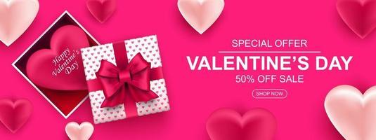 banner de web de venta de día de San Valentín. caja de regalo realista con lazo y corazón. vector