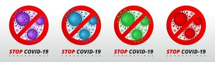 Conjunto de iconos de coronavirus. coronavirus covid 19, advertencia ncov de 2019, el nuevo virus está tachado con la señal de stop roja, pandemia de coronavirus. ilustración vectorial. vector