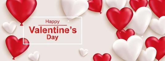 Happy Valentines day horizontal web banner. Realistic red and white heart vector