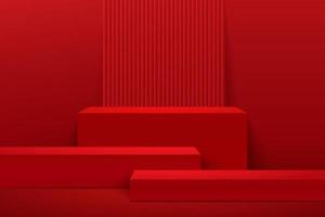 Pantalla de cubo abstracto para producto en sitio web en diseño moderno. representación de fondo con podio y escena de pared de textura roja mínima, diseño de forma geométrica de representación 3D. estilo oriental. ilustración vectorial vector