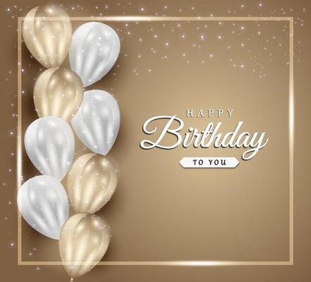 Happy Birthday celebration on golden background with 3d realistic balloons and glitter confetti for greeting card, party banner, anniversary.