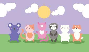 cute little animals in the field, kawaii characters vector