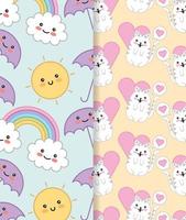 lindos gatitos con corazón y arcoíris conjunto de patrones kawaii vector