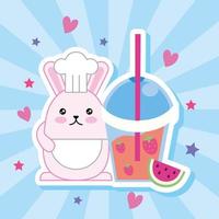 lindo conejito kawaii con batido de fresa vector