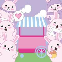 cute little rabbits with shop cart, kawaii characters vector