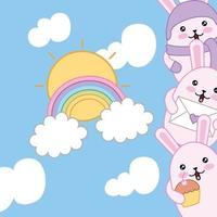 cute little rabbits with rainbow, kawaii characters vector