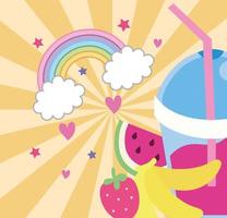 sweet fruits juice with straw and rainbow, kawaii style vector