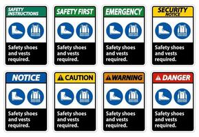 Se requieren zapatos y chaleco de seguridad con símbolos de ppe sobre fondo blanco.