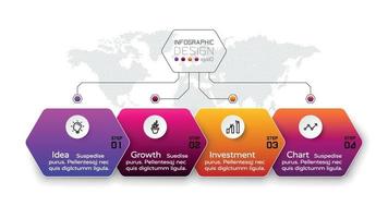 The organization hexagon presents work processes in a workflow format, identifying functions and processes. vector infographic design.