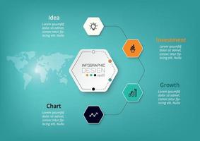 Los diagramas hexagonales ayudan a planificar su trabajo y describen sus funciones, operaciones, negocios, empresa, investigación y comunicación. infografía vectorial. vector