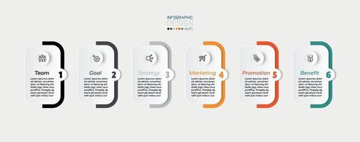 Squares and colored bars, 6 steps to present or plan a workflow in a business or other work. infographic design. vector