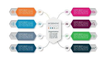 El proceso de trabajo de 8 pasos a través de un diseño hexagonal describe una función o presenta información sobre una empresa u organización. infografía vectorial. vector