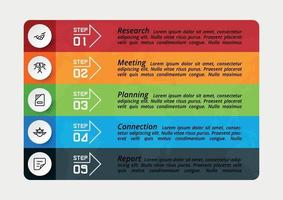 5 pasos de trabajo de cualquier negocio, empresa, organización, marketing, planificación y presentación a través del diseño infográfico. vector