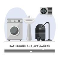 Vaccum cleaner and wash machine with sink bathroom banner template vector