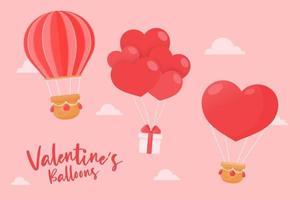 Varios globos flotando en el cielo atados con cajas de regalo y corazones rojos en el día de San Valentín vector