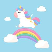 un unicornio de fantasía saltando sobre un arco iris pastel para divertirse con un hermoso cielo lleno de nubes