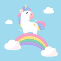 unicornio de fantasía de pie con gracia sobre un arco iris pastel contra un hermoso cielo lleno de nubes. vector