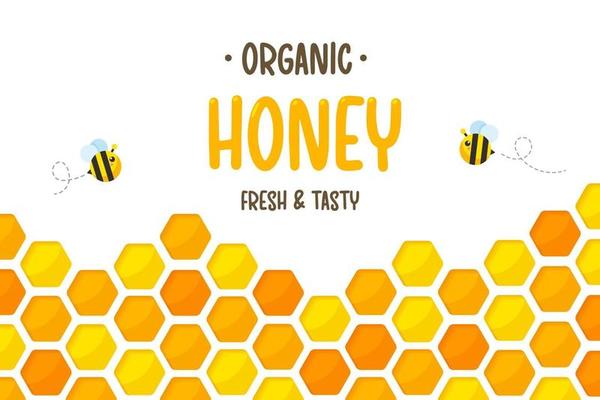 Hexagonal golden yellow honeycomb pattern paper cut background with bee and sweet honey inside.