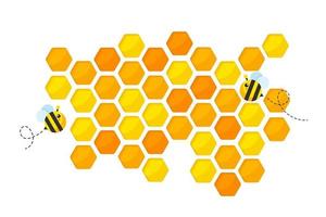 Fondo de corte de papel de panal amarillo dorado hexagonal con abeja y miel dulce en el interior. vector