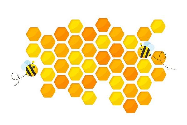 Hexagonal golden yellow honeycomb pattern paper cut background with bee and sweet honey inside.