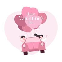 Happy valentine's day. Couple in a car floating in the sky with a heart balloon. vector