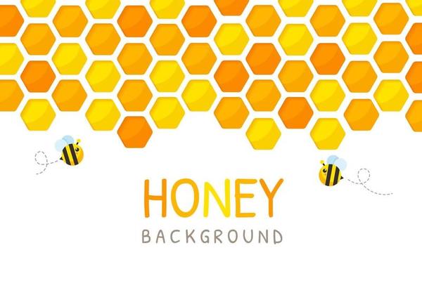 Hexagonal golden yellow honeycomb pattern paper cut background with bee and sweet honey inside.
