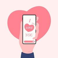 mano sujetando el teléfono con te amo mensajes, concepto de diseño de feliz día de San Valentín. vector