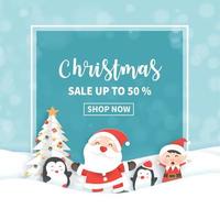 banner de venta de navidad con santa claus y amigos. vector