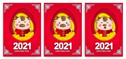 Feliz año nuevo chino 2021 tarjetas de felicitación, año del buey. vector