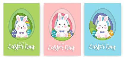 Set of Easter day cards with cute rabbit in paper cut style. vector