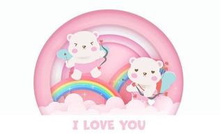 Valentine's day greeting card with cute cupid bears and rainbows. vector