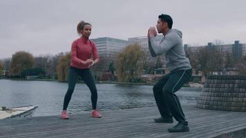 Joven asiático y joven negra en el parque frente al mar, haciendo ejercicio físico, practicando flexiones de rodilla video