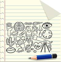 Different doodle strokes about science equipment on a paper with a pencil vector