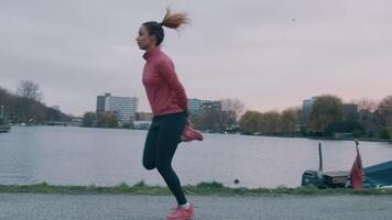 zwarte jonge vrouw in park, aan het water, lichaamsbeweging doen, bewegingen op dezelfde plaats rennen, draaien en rennen met voeten die de handen aanraken, op de rug vastgehouden video