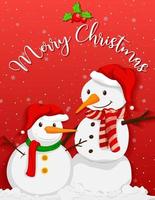 Cute snowman with christmas tree on red background vector