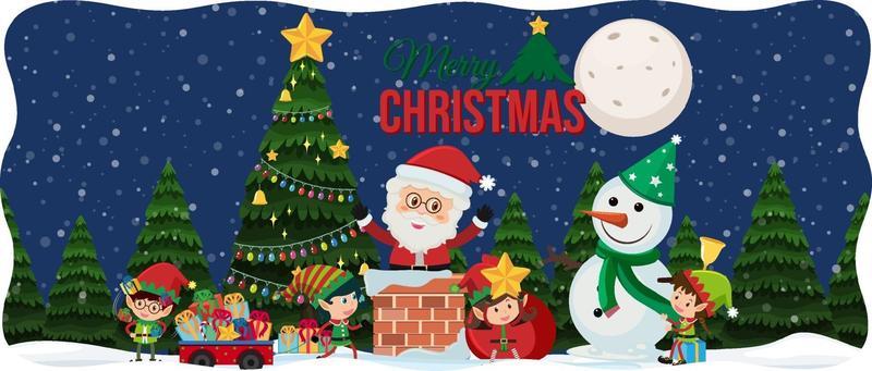 Merry Christmas font with Santa Claus in snow scene