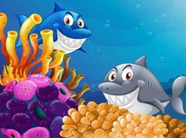 Many sharks cartoon character in the underwater background vector