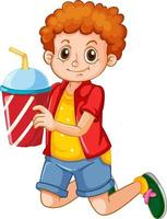 personaje de dibujos animados de niño feliz sosteniendo un vaso de plástico vector