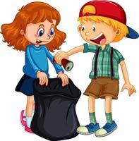 A boy and girl cartoon character cleaning garbage vector