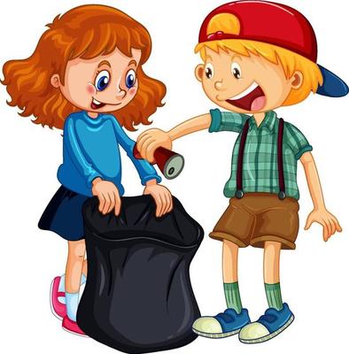 A boy and girl cartoon character cleaning garbage