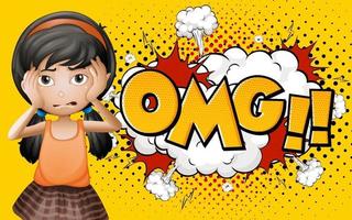 OMG word on explosion background with girl cartoon character vector