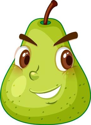 Green pear cartoon character with happy face expression on white background