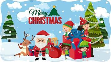 Merry Christmas font with Santa Claus in snow scene vector