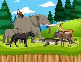 Grupo de animales salvajes africanos en la escena del bosque vector