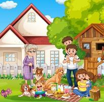 Happy family standing outside home with their pets vector
