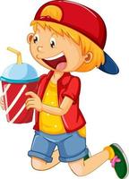 A boy holding drink cup cartoon character isolated on white background vector