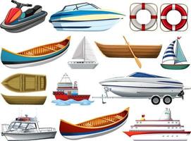 Conjunto de diferentes tipos de barcos y barcos aislado sobre fondo blanco.