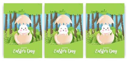 juego de tarjetas del día de pascua con lindo conejo en estilo de corte de papel. vector